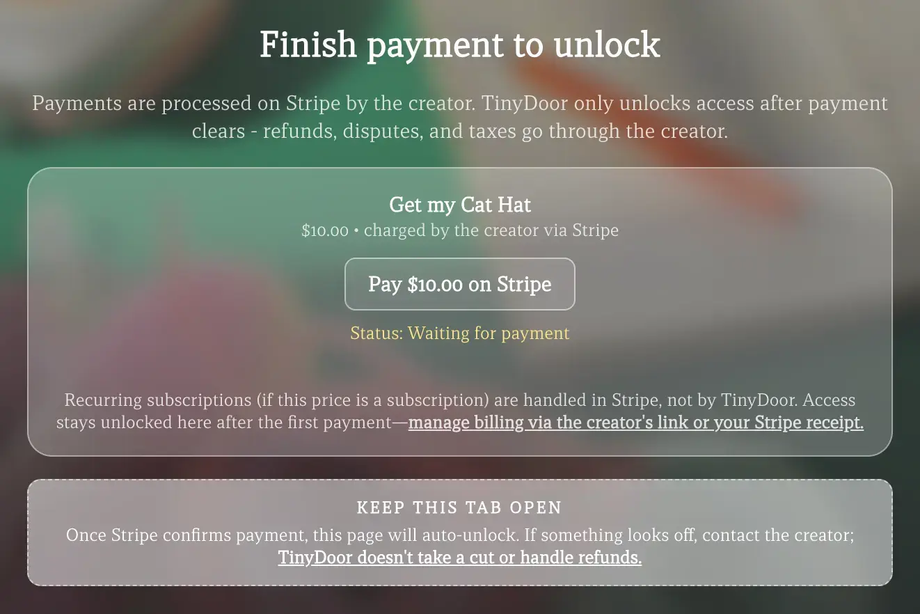 Stripe Checkout flow unlocking a TinyDoor page